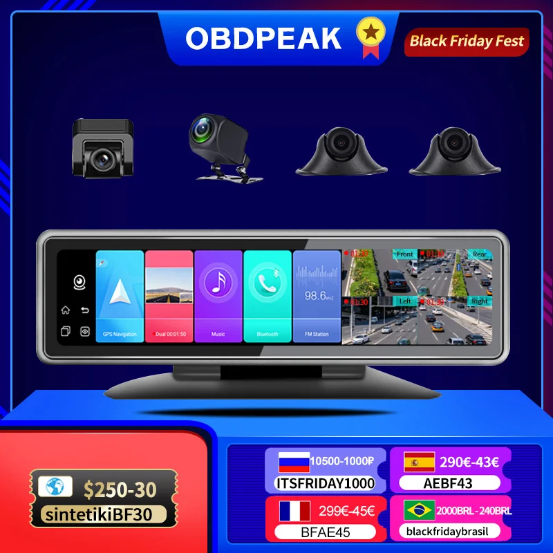 Видеорегистратор OBDPEAK для автомобилей Автомобильный регистратор с 4 камерами на