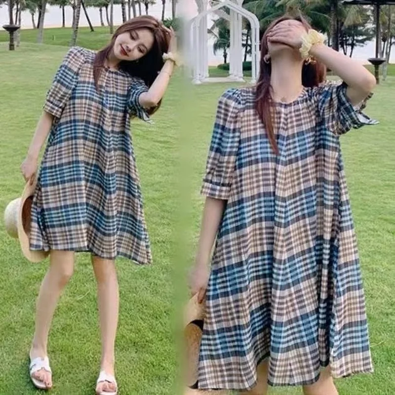 

Free Shipping Women Dress Summer Chiffon Plaid Print Short Sleeve Casual Pullover Robe Femme Simple Style Dresses Plus Size