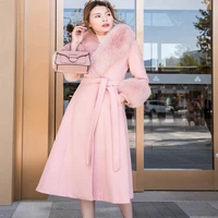 pink cashmere coat womens clothing 2021 new fashion slimming lace up waist long high end fox fur collar thick woolen coat