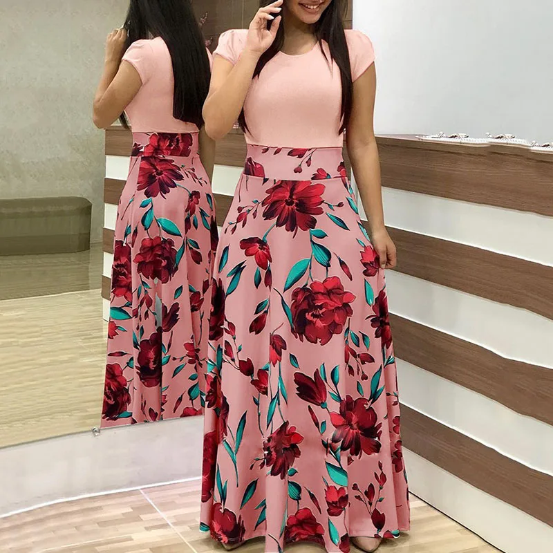 Женская футболка с коротким рукавом Круглый воротник принт длинное платье для