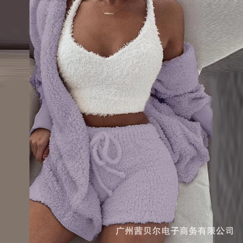 purple 2 piece set Adogirl женский флисовый плюшевый повседневный комплект из двух предметов куртка кардиган с капюшоном осенне-зимняя верхняя одежда+ шорты Модная одежда - Цвет: purple 2 piece set