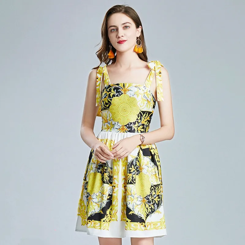 

2021 Runway Summer Mini Dress Women's Bow Lace-Up Spaghetti Strap Backless Golden Floral Print Vintage Short Dress Vestidos