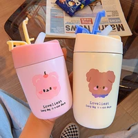 cartoon double drink thermos cute baby water bottle with lid straw stainless steel milk coffee cup with long heat preservation