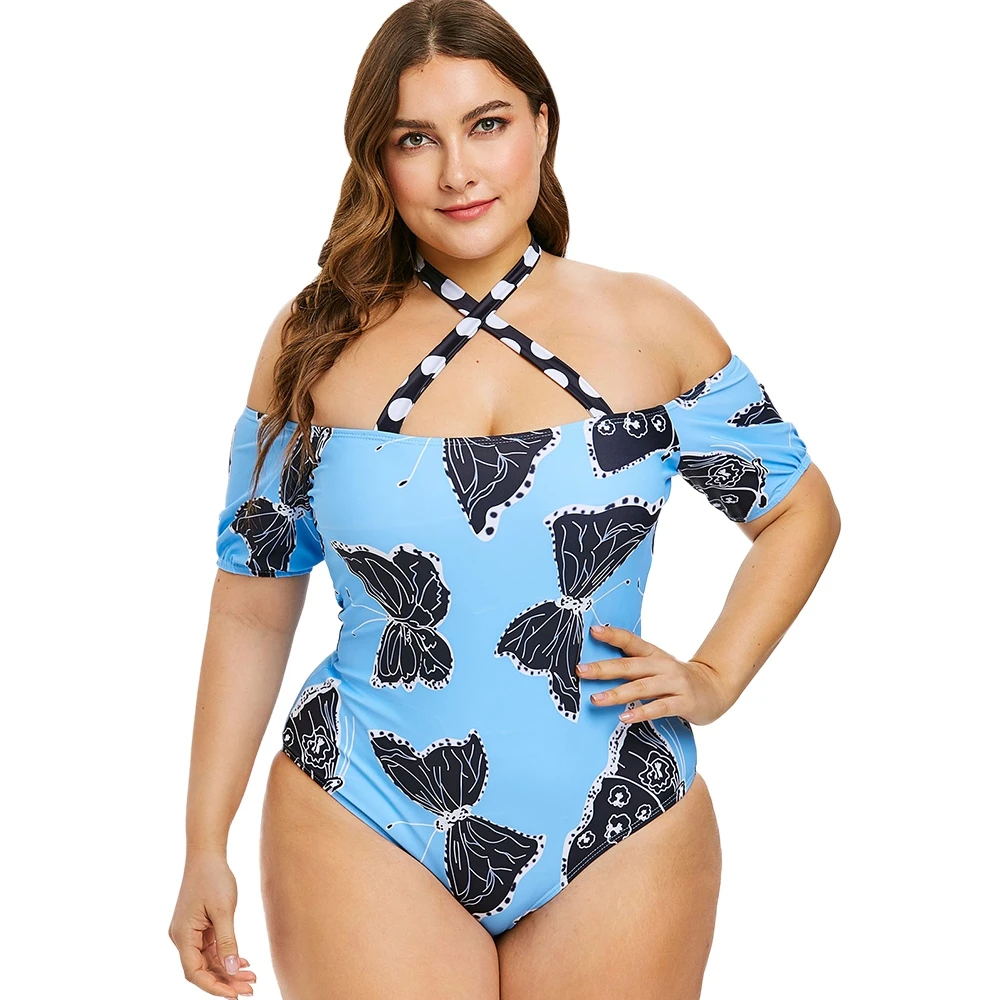5XL плюс Размер Холтер Крест бабочка печати цельный купальник женский сексуальный