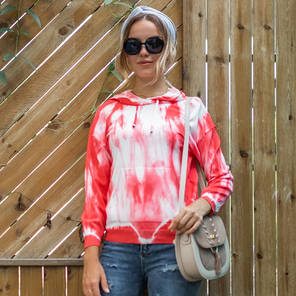 

Women Tie-dyed Print Long Sleeve Pocket Loose Sweatshirt Hood Pullover Top Spring Casual Pullovers Women sweat femme hot