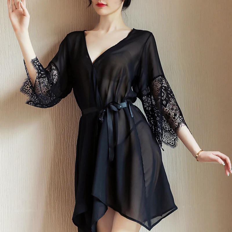 

Sexy Transparent Lingerie Women Lace See-through Babydoll Erotic Belt Night Dress Sleepwear Nightgown Cardigan Rope