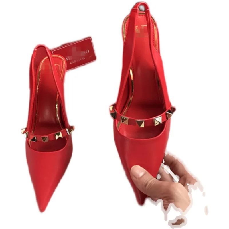 

Rivet sandals women's new pointed single shoes thin heel leather button top high heels red wedding shoes women fashion shoes