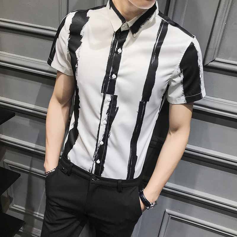 Рубашка мужская приталенная в полоску модная сорочка с коротким рукавом