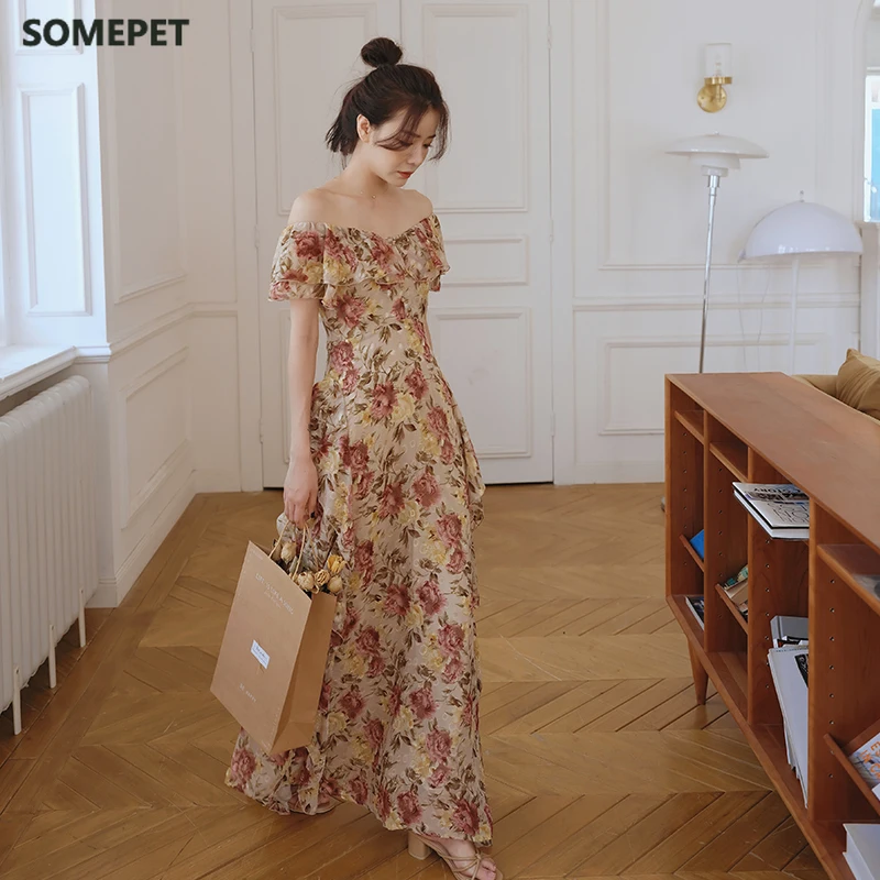 

Women Floral Ruffle Dress Summer Runway Boho Vintage French Fairy Dress Honeymoon Vacation Party Night Dress Long New