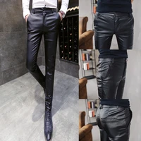 new mens black skinny pu leather pants pencil pants motor elastic trousers hairstylist long trouser t45