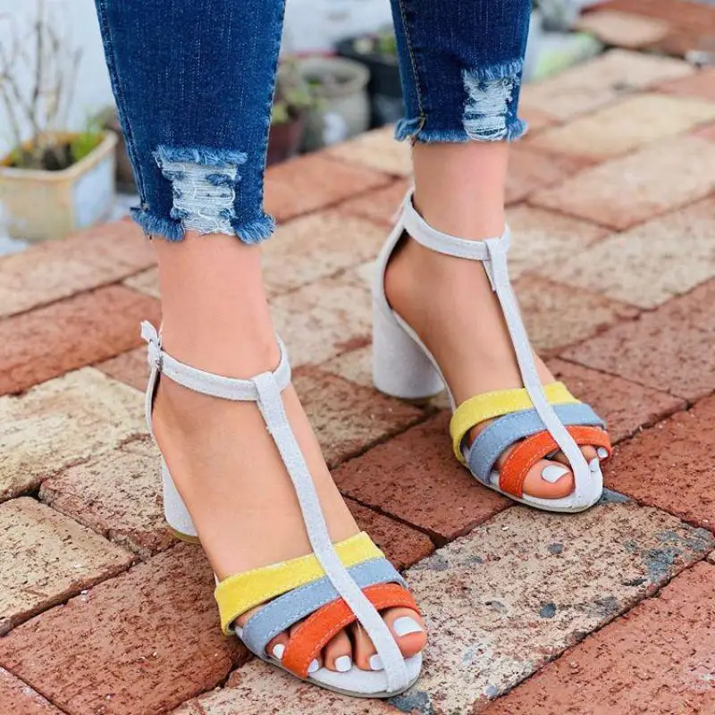 

Summer Mixed Colors Woman High Round Heels Sandals Peep Toe T Buckle Strap Ym Zapatos De Mujer Plataforma Sandalias Femenina 43