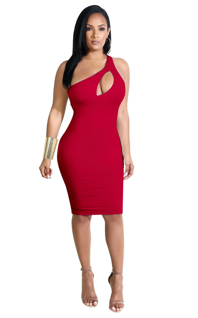 

Sexy Hollow Out One Shoulder Autumn Dress Women Sleeveless Irregular Knee-length Bodycon Dress Ladies Elegant Club Party Dresses