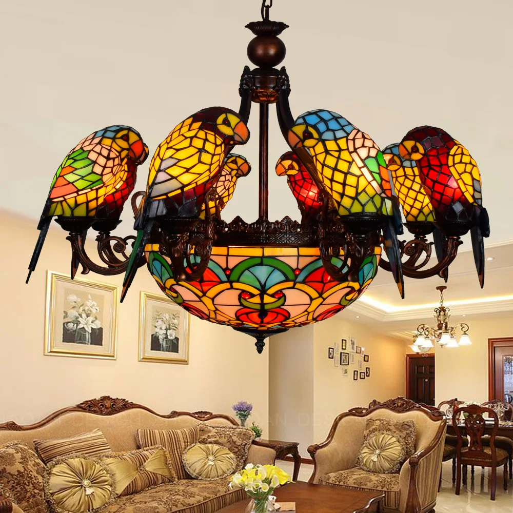 

American Pastoral style Retro luxury parrot bird pendant light handmade stained glass bar living room parlor hanging lighting