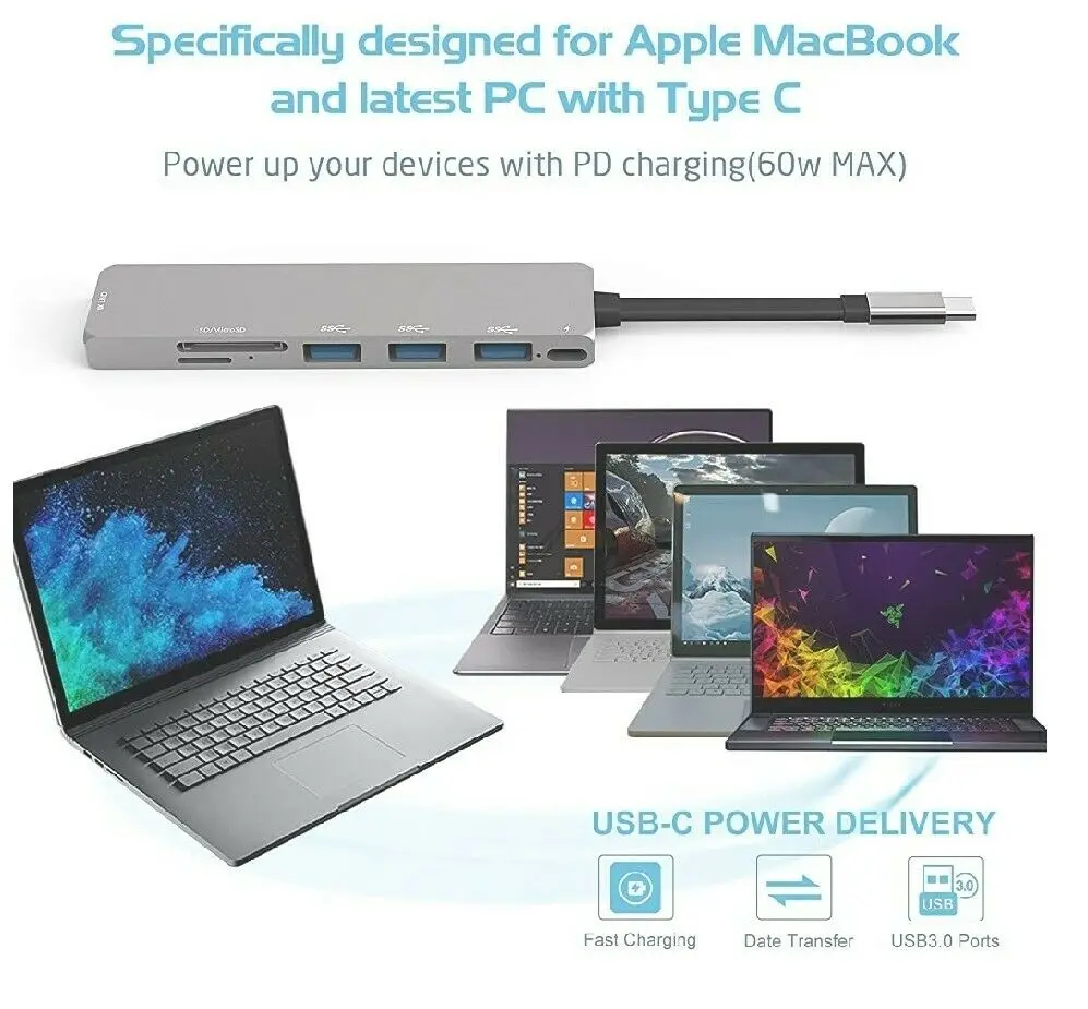 Фото USB C концентратор, многопортовый адаптер INPHER 7 в 1, портативный Космический алюминиевый ключ... №4