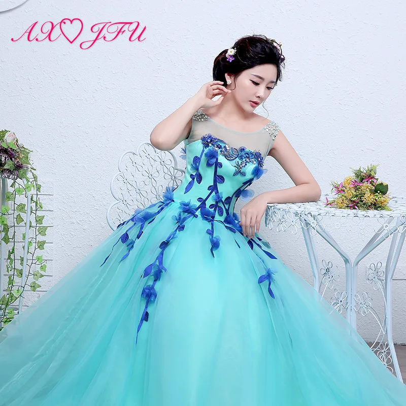 

AXJFU luxury princess blue lace evening dress vintage o neck beading flower sleeveless ball gown stage bride blue evening dress
