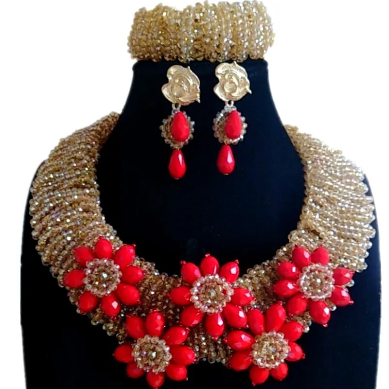 

4UJewelry Nigerian Gold Jewerly Set For Women With Red Crystal Flowers Costume Choker Necklace Set For Women 2019 Indian Set