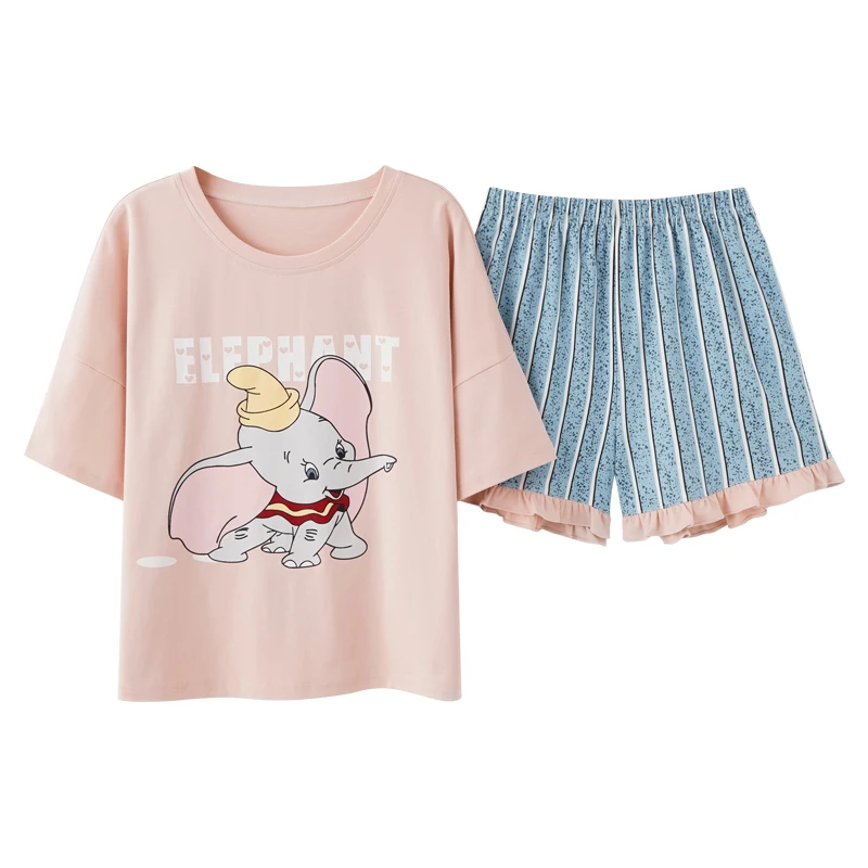 

3XL Summer Cotton Pajamas Women's Short Sleeve Shorts with Ruffle Dumbo Striped Print Cute Anime Home Suit Pajama Sets Women