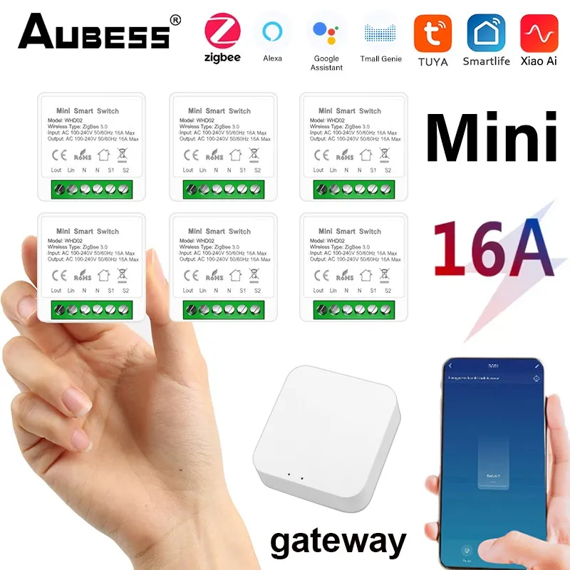 

Умный мини-модуль коммутатора Aubess, 3 шт., 16 А, 10 А, модуль переключателя Zigbee «сделай сам» с поддержкой двухстороннего управления, работает с ...