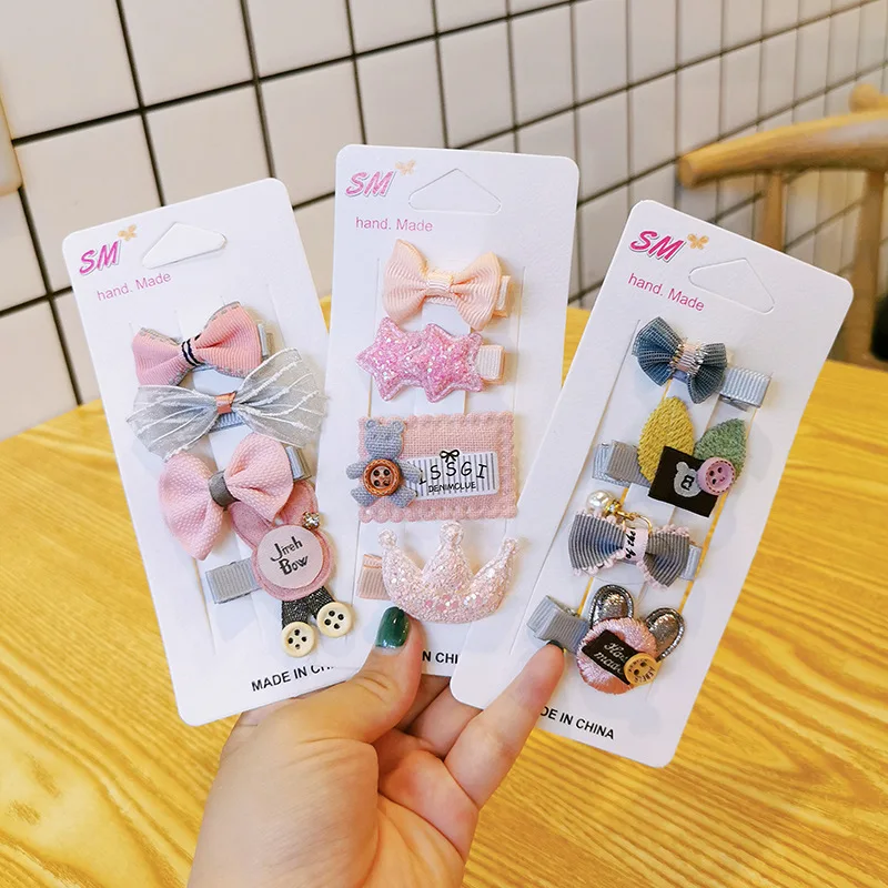 4 Piece Korean Fashion Children's Hairpins Hairpins Sweet Cute Girl Princess Cartoon Flower Bow Duckbill Clip Hair Accessories