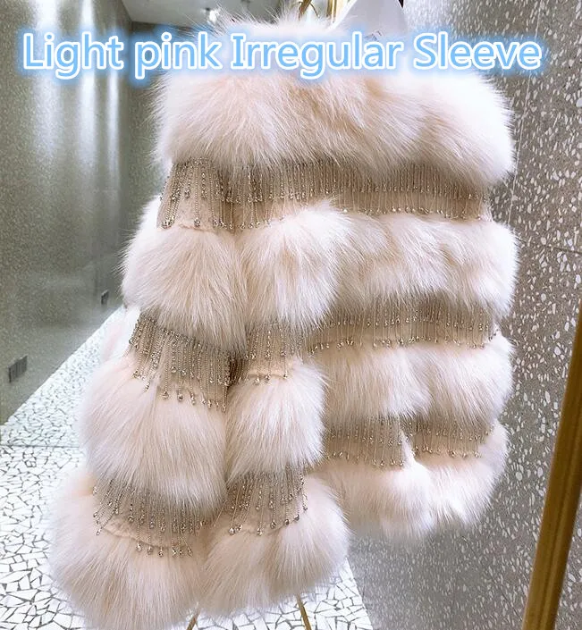 Light Pink 1 Женская шуба из натурального Лисьего меха с бахромой и яркими бриллиантами, женская повседневная куртка с круглым вырезом и длинным рукавом, короткая зимняя куртка из лисьего меха - Цвет: Light Pink 1