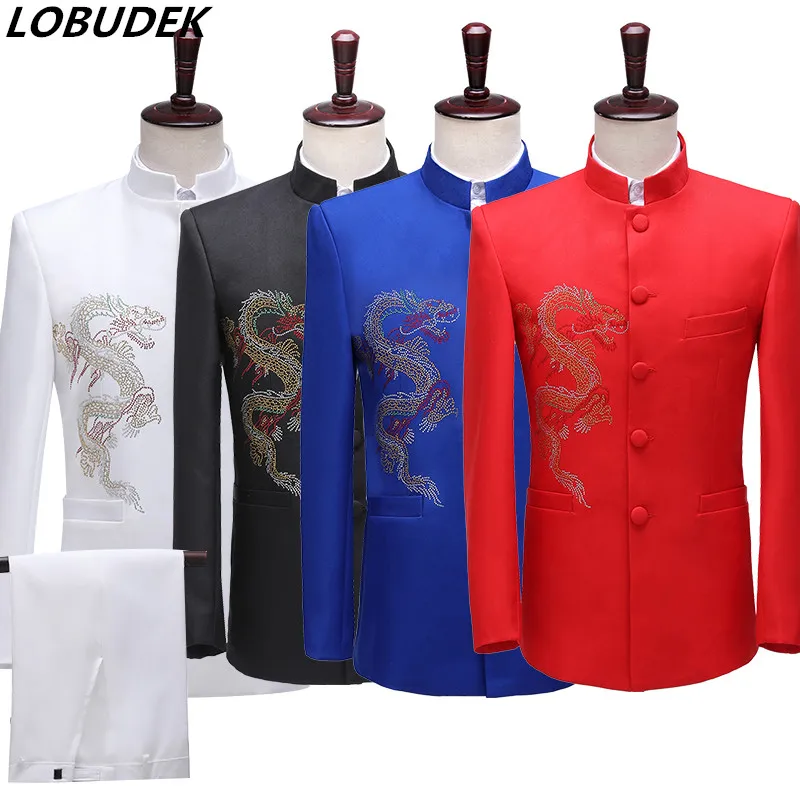 

Men Black Chinese Tunic Suit Crystals Embroidery Stand Collar Blazers Pants 2-pieces Set Singer Host Stage Performance Slim Suit