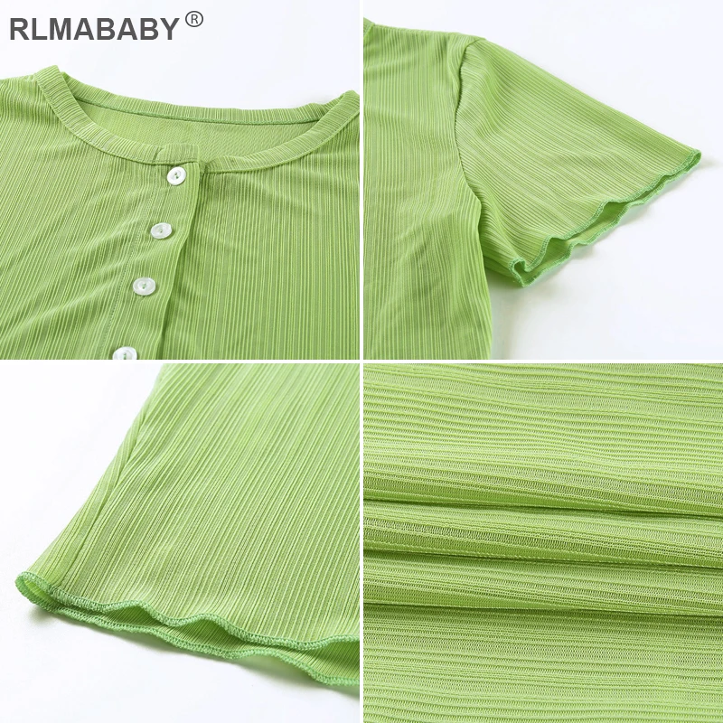 

Summer Vacation Round Neck Short Sleeve White Cropped Top Casual Button Women Tops Simple Streetwear Ladies Green Tshirts Top