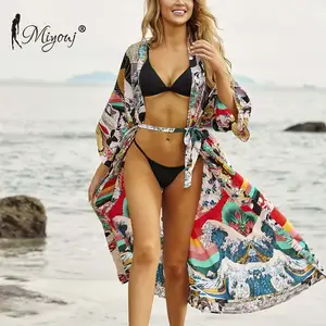 Сексуальная Пляжная накидка Miyouj с глубоким V-образным вырезом, Платье макси с рукавом средней длины, женский купальный костюм, Летнее Длинное пляжное платье, купальный костюм