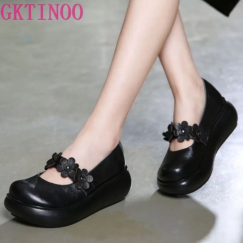 

GKTINOO Cowhide Flower Platform Shoes Woman Wedges Genuine Leather Shoes Retro Casual Shoes 2022 Comfort Women Shoes High Heels