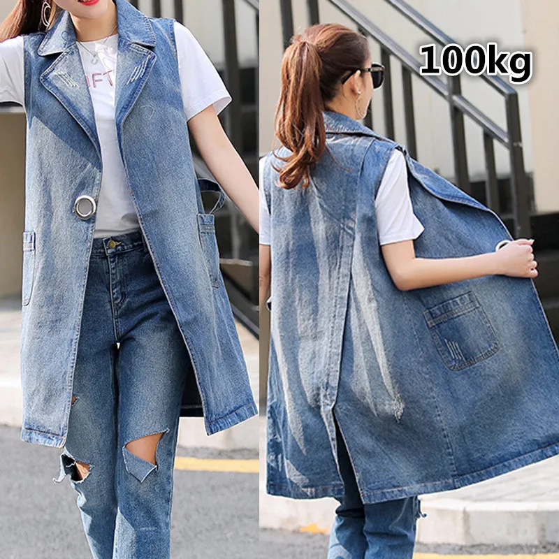 Жилет женский джинсовый демисезонный длинный без рукавов батальных размеров 90