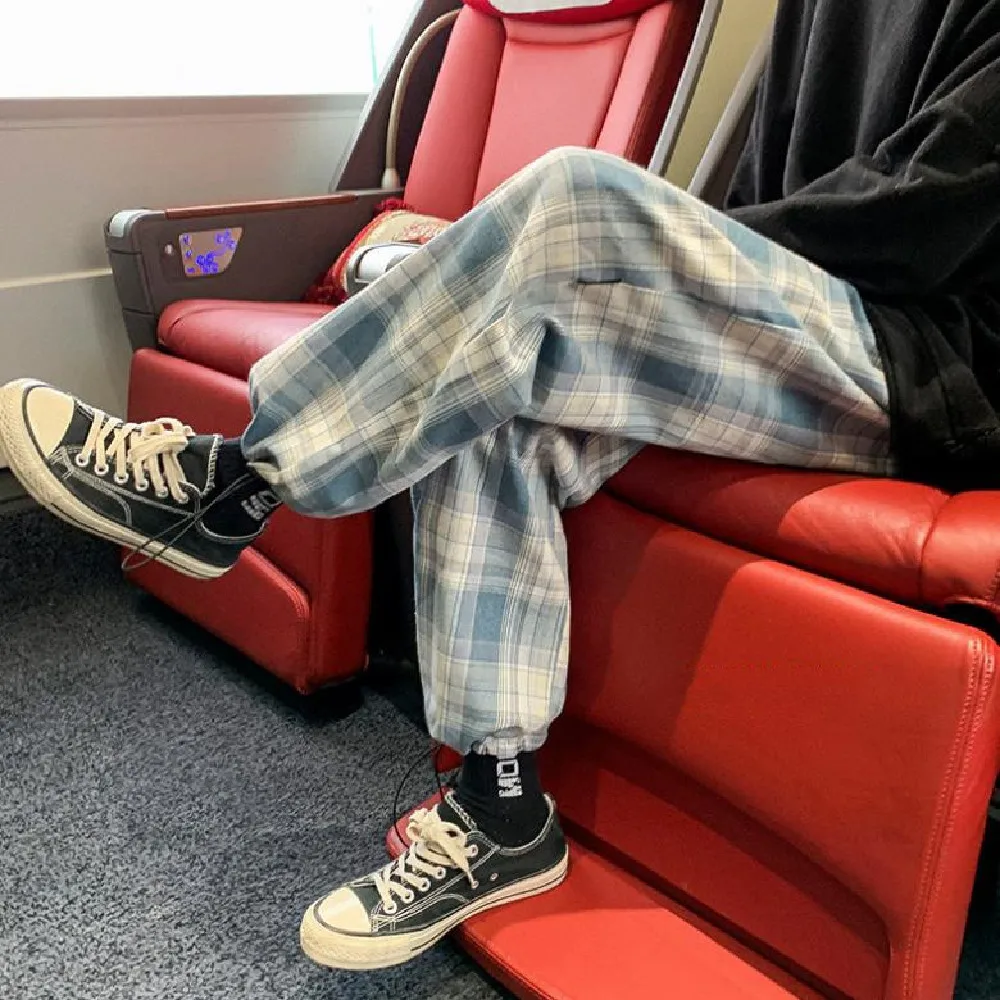 

2021 New spring autumn Korean version trend loose straight pants matching plaid ankle-length pants fashion casual plaid pants