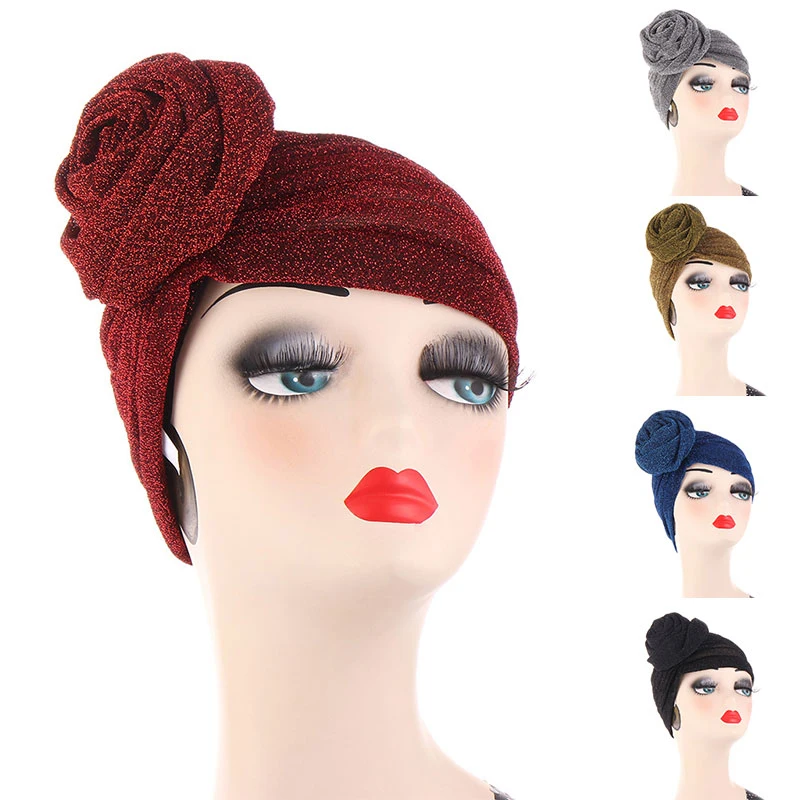 

Bright Silk Indian Hat Women Fashion Rose Flower Hood Temperamental Multi-colored All-match style Pretty Muslim Turban Hat