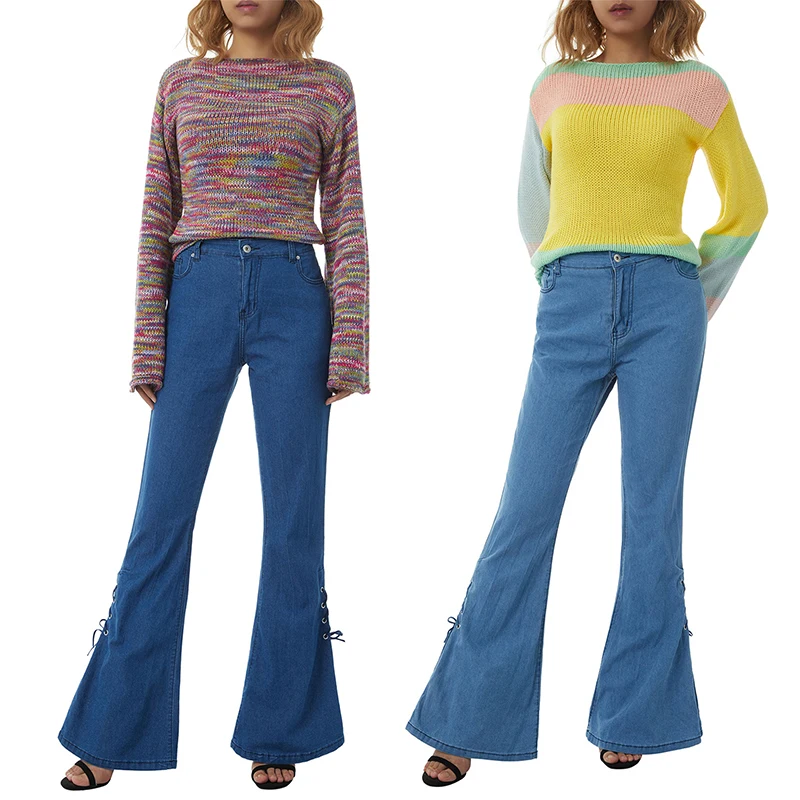 

New Style Women Wide-Leg Elastic flared Jeans Pants, Middle Waist Side Pockets Slimming Casual Party Street