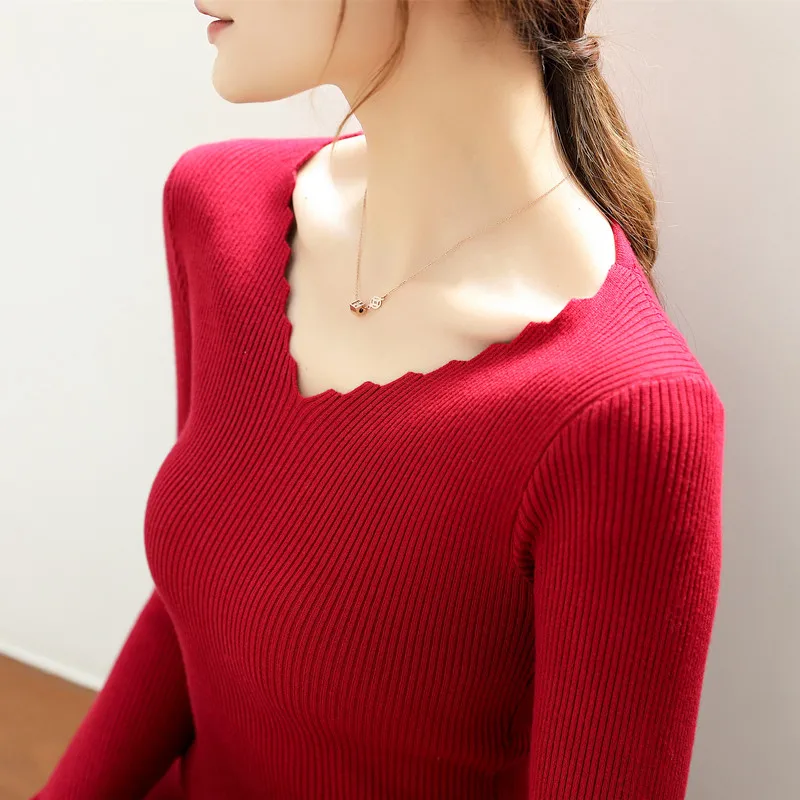 Красный Womens Sweaters Winter Clothes Women Knitted Pullover V Neck Sweater Women Solid Slim Casual Autumn Knit Tops Ladies Jumper - Цвет: Красный