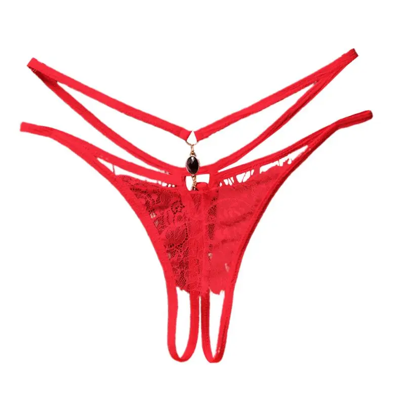 

Women Sexy Sheer Eyelash Floral Lace Lingerie Briefs Hollow Open Crotch G-String Underwear Rhinestone Pendant Drop Thong