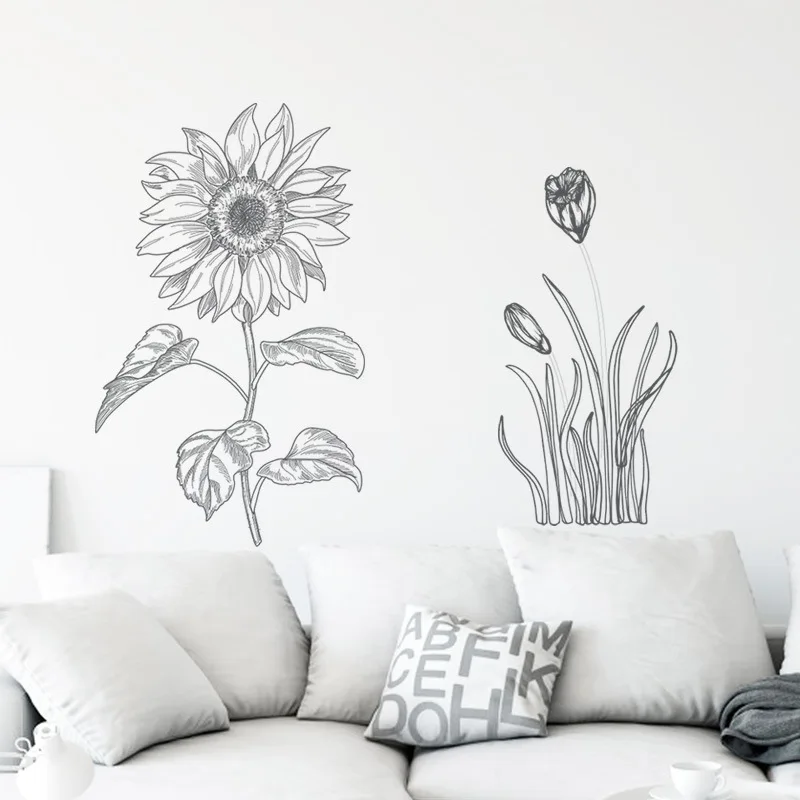 

Simple Sketch Sunflower Wall Stickers Plant Home Decor Living Room Sofa Wall Decoration Bedroom Bedside Personalized Decals PVC