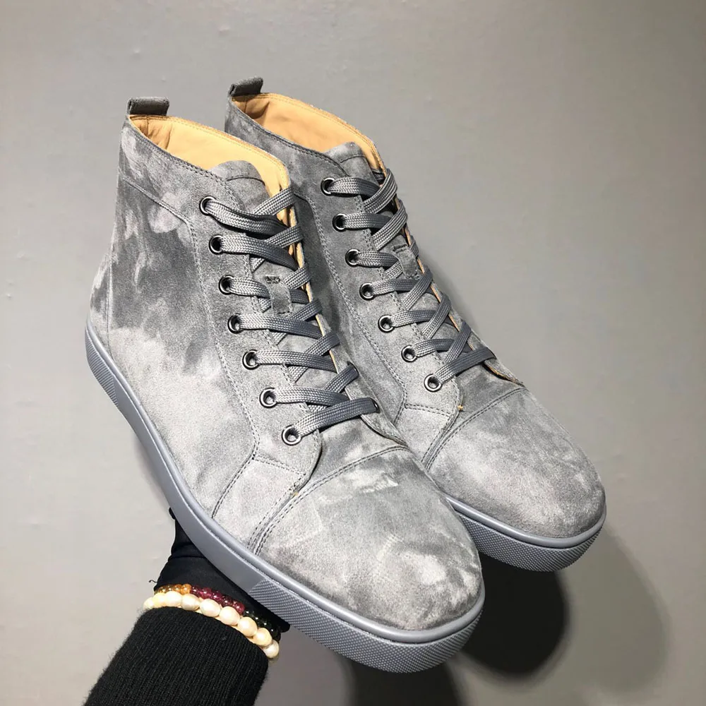 

High Top Gray Suede Solid Color Genuine Leather Shoes Red Bottom Shoes Men Casual Flats Loafers Sneakers Women Sports No Spikes