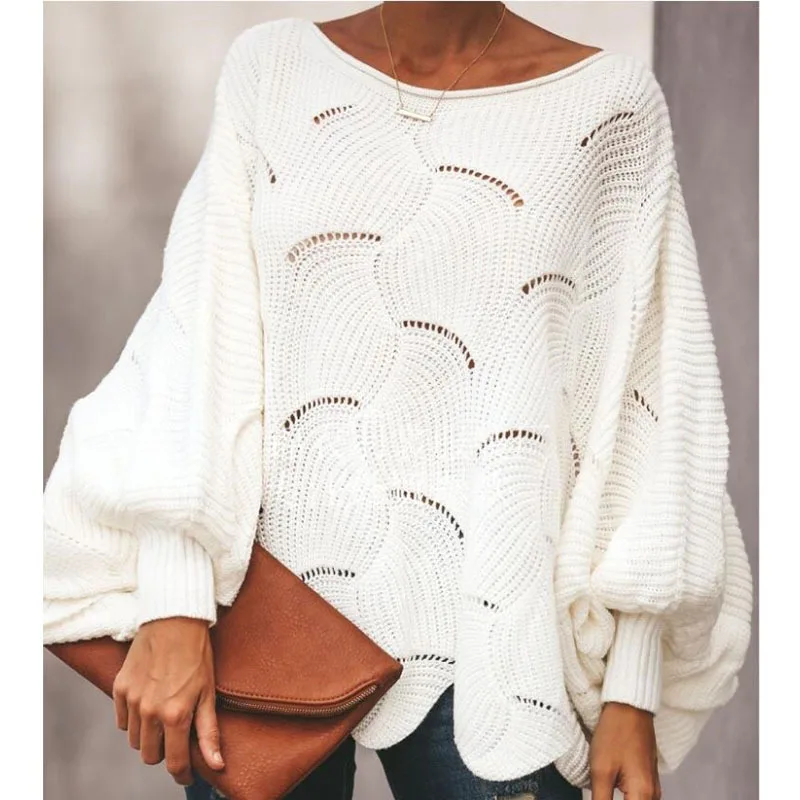 

2021 Women Hollow Out Sweater Autumn Elegant Loose Knitted Pullovers Female Casual O Neck Lantern Sleeve Solid Color Sweaters