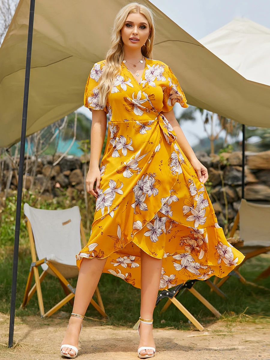 

4XL 5XL Plus Size Boho Beach Dress 2021 Summer Women Short Sleeve Floral Print Ruffles Wrap Dresses Maxi Long Party Dress