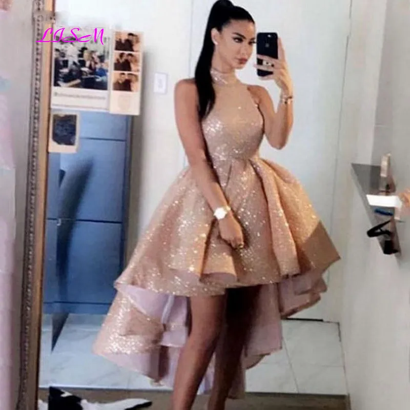 

High Neck Sequins Short Prom Dresses Sexy Short Front Long Back Evening Gowns High Low Graduation Dress Custom Made 2021