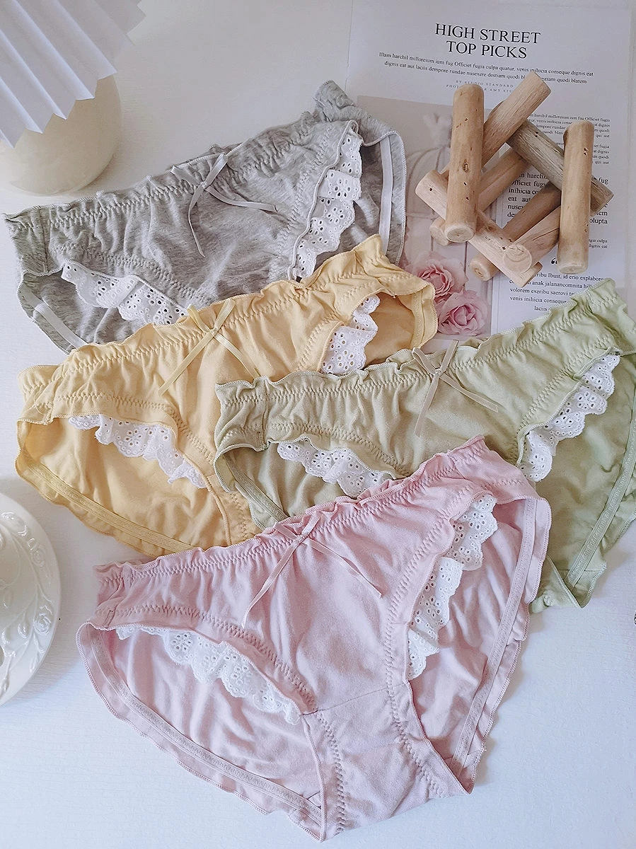 

Japanese Sweet Purified Cotton Girl Briefs Sweet Mid-Waist Comfortable Hip Lace Edge Mori Style Underwear Women's Breathable