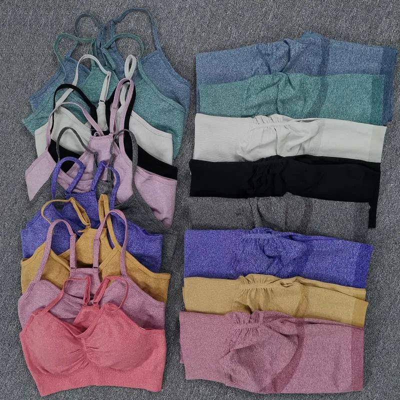 ASHEYWR Sport Suit Women Gym Fitness V Neck Bra High Elastic Waist Seamless Shorts Female Workout Tummy Control Yoga Suits