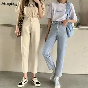Jeans Women Students Leisure 3-colors High Waist Popular Basic Female Trousers Denim Buttons Simple  in USA (United States)