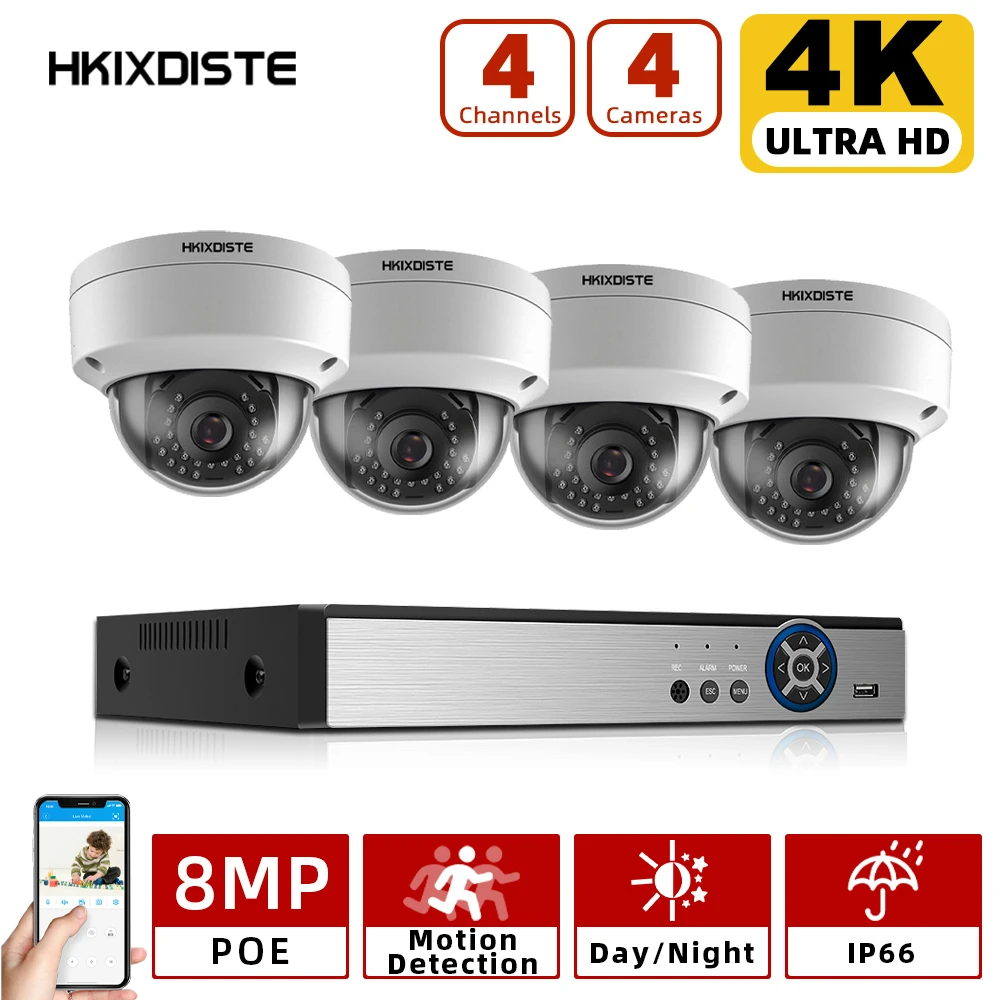 

4K 8MP Ultra HD Security Camera System 4ch PoE NVR & Dome 4 PoE IP Waterproof Face Detection Cameras Surveillance NVR Kit