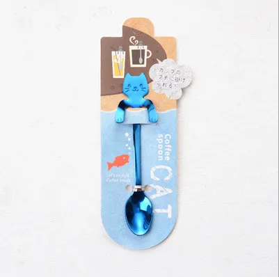 Blue Милый мультяшный Кот из нержавеющей стали Ручка подвесной чайный кофе ложка Мороженое столовые приборы посуда для кемпинга пикника - Цвет: Blue