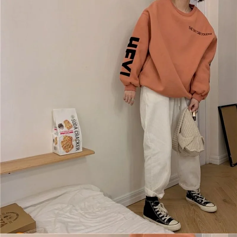 

Sweatshirts Women Candy Color Chic Unisex Basic Round Neck Harajuku Loose Thickening Cozy Letter Female Leisure Winter Ins Hiver