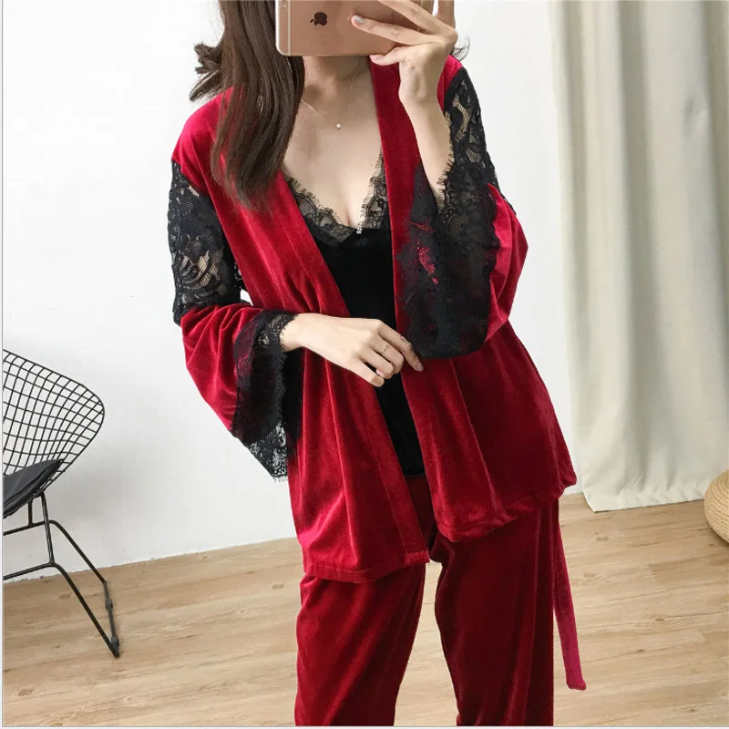 Новая Золотая Бархатная Пижама женская осенняя 3 шт кружевная сексуальная пижама