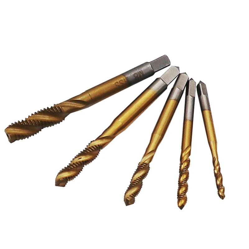 

5Pcs HSS 6542 M3 M4 M5 M6 M8 Titanium Coated Screw Thread Metric Spiral Fluted Machine Screw Tap Kit Spiral+1pc wrench