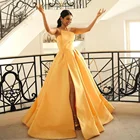 Женское элегантное бальное платье-трапеция, желтое длинное платье без рукавов с разрезом, вечернее платье