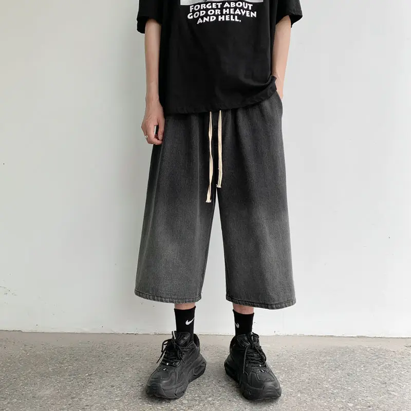 Spring Summer Gradient Jeans Men's Fashion Retro Wide-leg Pants Men Streetwear Korean Loose Hip-hop Straight Denim Shorts Mens