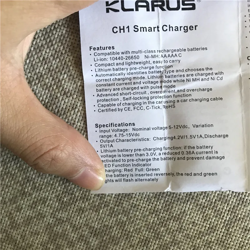 Klarus CH1 1 слот 5V 1A NiMH NiCd литиевая батарея зарядное устройство светодиодный